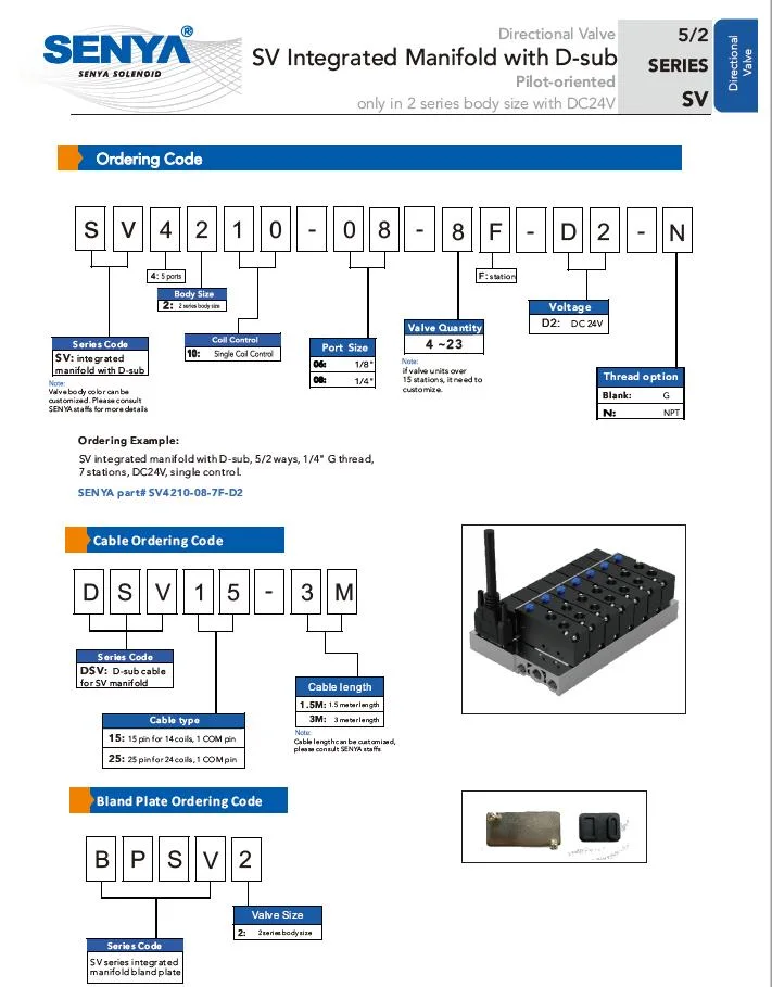 Senya Pneumatic Manufacturer China Supplier Integrated Sv4210 Series Manifold with D-SUB Single Coil Control Pneumatic Directional Valve